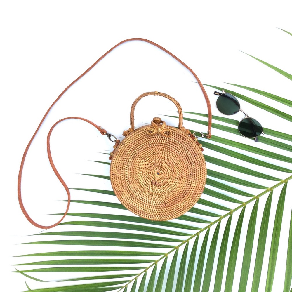 Top Handle Woven Round Rattan Bali Crossbody Bag